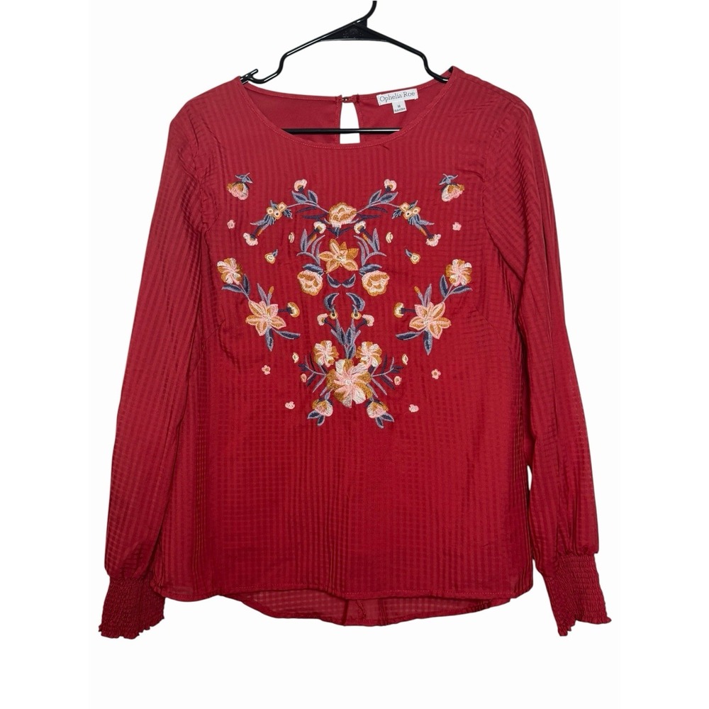 Ophelia Roe Women's M Embroidered Floral Blouse Long Sleeve Boho Peasant Top